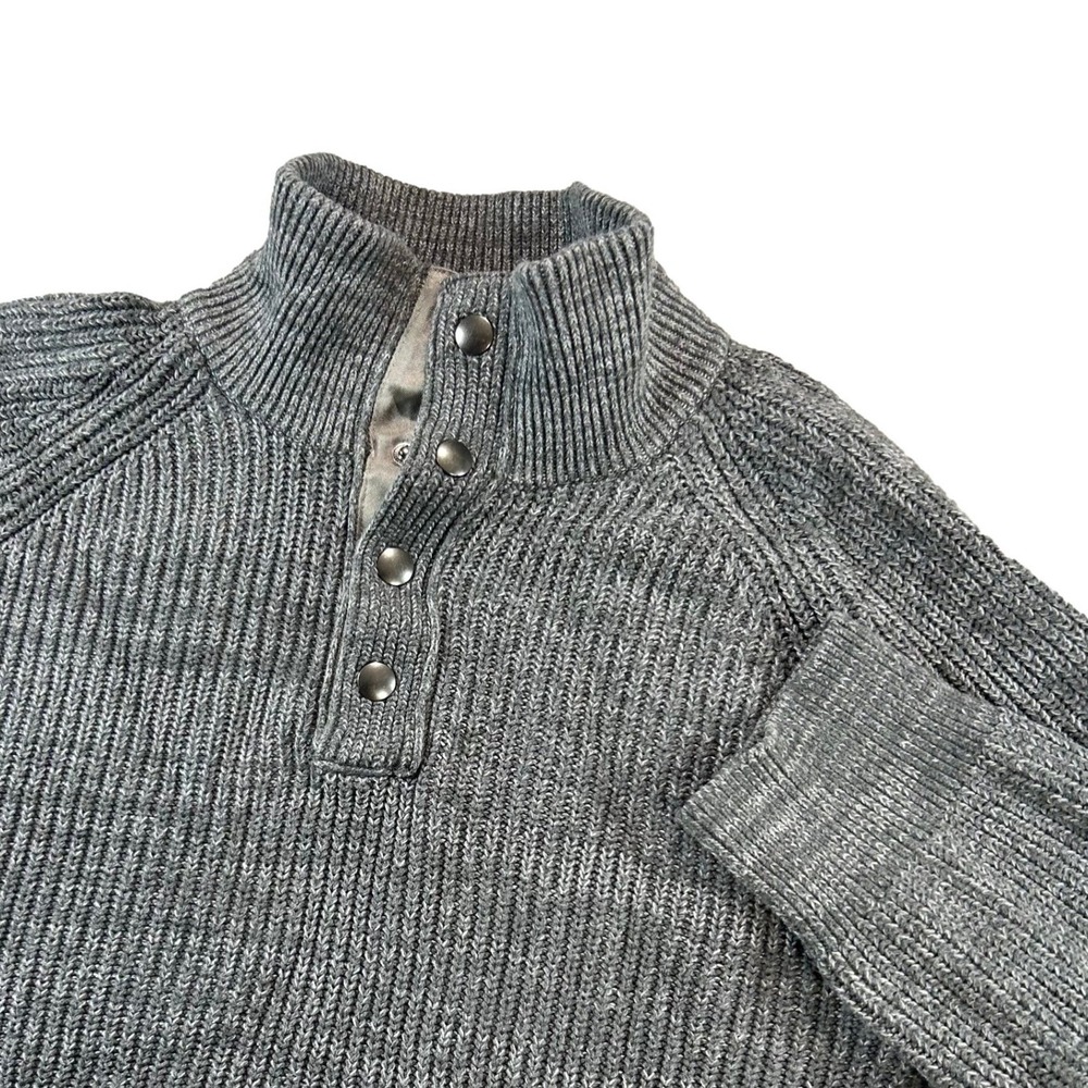 Banana Republic Sweater Mens Large Gray Mock Neck Snap Rib Knit Chunky Cotton